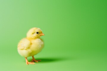 Cute yellow chick stands alone on a green background during a bright day in springtime