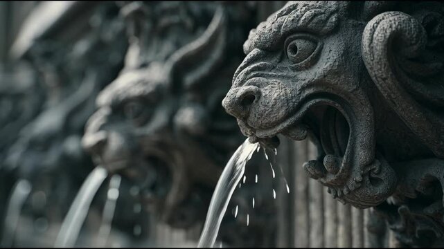 Ancient Stone Gargoyles Spouting Water in a Historic European Fountain.