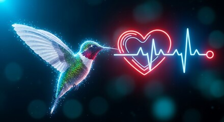 Fototapeta premium Illuminated hummingbird touching a glowing heart with a pulsating heartbeat