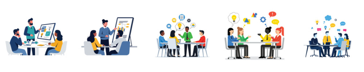 Fototapeta premium Professional team strategy meeting, small group talking and planning around a table, minimal flat vector design
