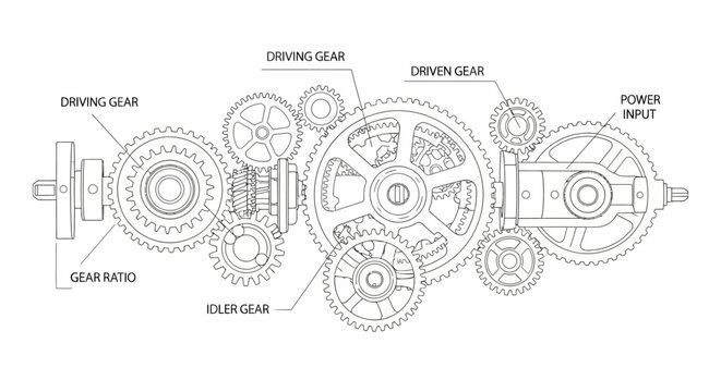 Mechanical gear system with labeled components for educational purposes