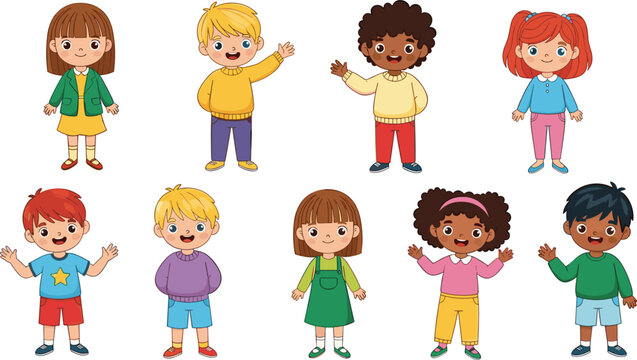 Set of Cute Cartoon Children with Different Hairstyles and Clothing in Vector Style, Perfect for Education and Fun Designs