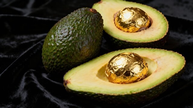 Professional high resolution image featuring avocado, fruit, food, pit, seed, gold, foil concept scene with natural lighting, detailed composition, modern commercial visual style suitable for marketin
