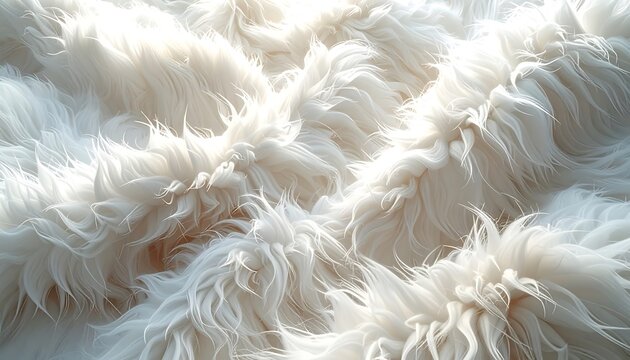 Close-up of fluffy white faux fur texture, revealing wavy patterns and soft, cloud-like strands under diffused lighting