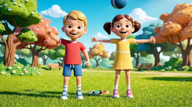 Cartoon kids exercising in a park on a sunny day,cheerful and playful animation for childrens educational content and summer activities