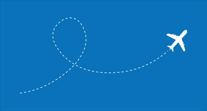 Airplane route with dotted flight path forming a loop turn. Flying aircraft silhouette with curved dashed travel line showing journey direction and navigation route. Aviation trip trajectory concept