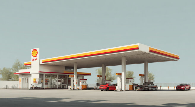 Shell-Tankstelle als Illustration im modernen Stil. Editorial-Motiv f&uuml;r Kraftstoffpreise, Energiepolitik, Kartellamt, Preisabsprachen und Diskussion um Benzinpreise.