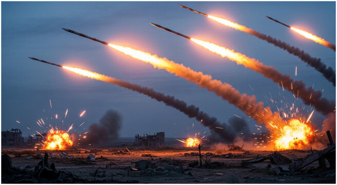 Multiple Rocket Launchers Firing Missiles at Night with Explosions.