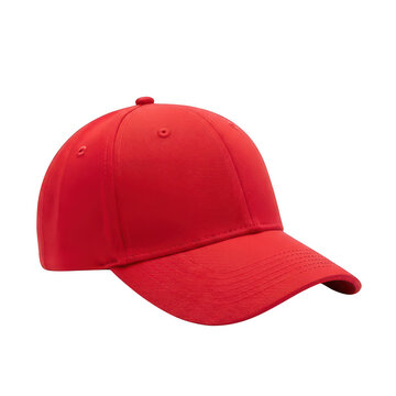 A red baseball cap with a curved brim