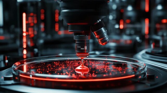 Macro shot of a microscope above a Petri dish glowing with red light. Scientific laboratory concept