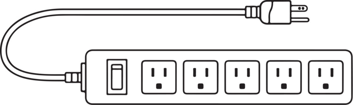 Extension power strip line art black and white electrical outlet strip vector illustration top view eps