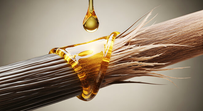 Golden oil droplet falling onto damaged hair strand with split ends image