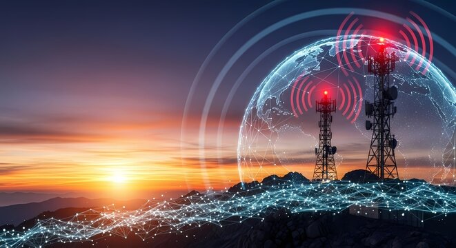 Global network towers emit signals under a vibrant sunset landscape