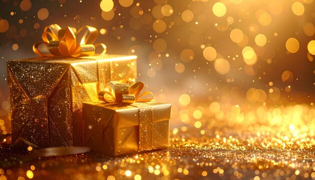 Two wrapped, shiny golden gifts with ribbons sit prominently in the foreground, surrounded by shimmering, blurred bokeh lights