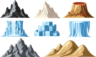 Vector Illustration of Mountain Ranges, Volcanic Peaks, and Ice Formations for Nature and Geography Designs © Sujon Shah