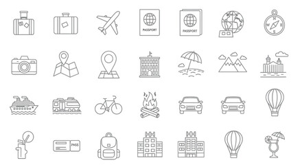 Collection of minimalist travel icons depicting various vacation elements