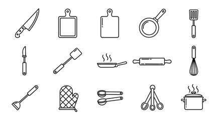 Collection of minimalist kitchen utensils and cookware in black outlines