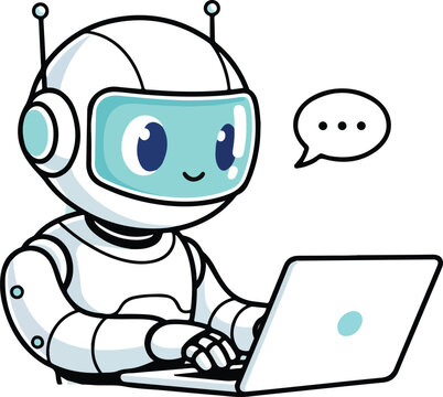 A cartoon robot with a laptop and a speech bubble