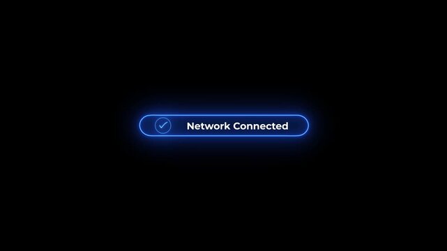 Glowing blue neon rounded rectangle with a red checkmark and text indicating network connection status against a completely black background