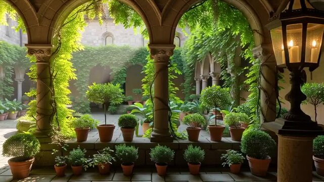 serene mediterranean garden with archways and potted plants