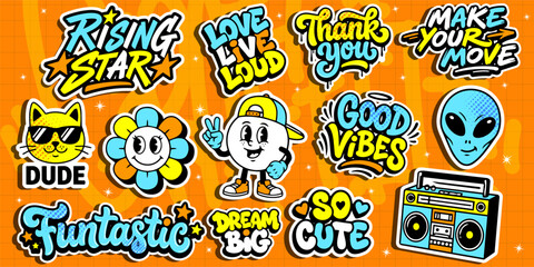 Fototapeta premium A set of colorful graffiti art sticker illustrations. Cool groovy retro sticker pack vector illustration