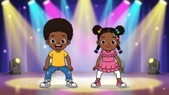 Cheerful animated african american children dancing on stage with colorful spotlights and cartoon style vector illustration