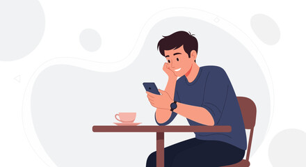 Fototapeta premium Young man smiling while using smartphone at cafe table with coffee cup