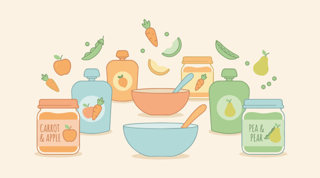Assortment of colorful baby food jars, pouches, and bowls with fruits and vegetables