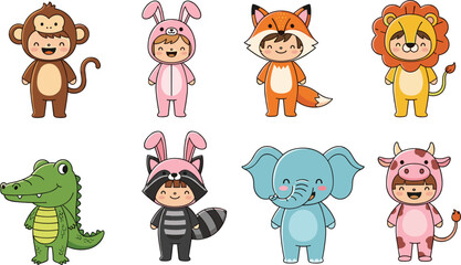Obraz premium Cute Animal Costumes Vector Set Featuring Children in Monkey, Rabbit, Fox, Lion, Raccoon, Elephant, and Cow Costumes