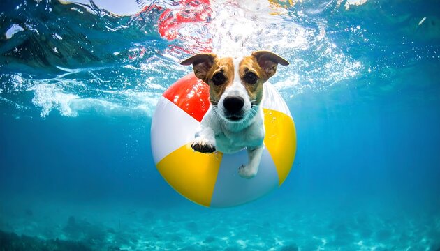 Dog floats in blue water in a colorful beach ball