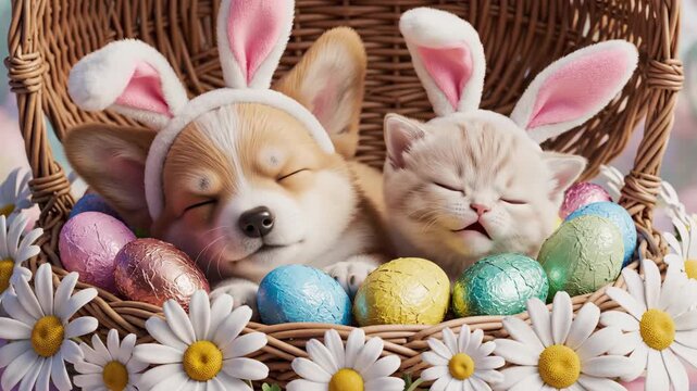 Adorable Corgi puppy and kitten wearing bunny ears, sleeping peacefully in a basket with Easter eggs and daisies.