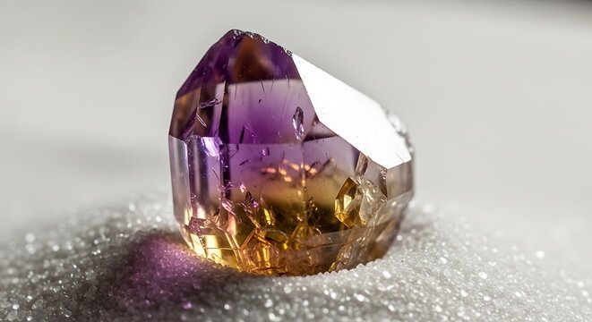A stunning purple and golden crystal formation with reflective surfaces and natural beauty. ametrine
