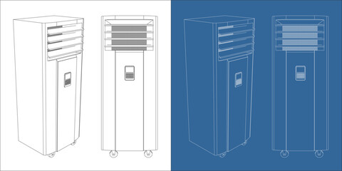 Isometric Perspective 3D View Portable Standing Air Conditioner Technical Drawing Blueprint