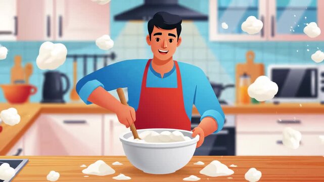 Cheerful animated man baking in kitchen mixing ingredients bowl with flour clouds for online cooking course promo