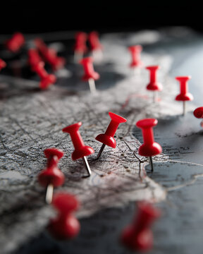 Rote Pinnnadeln auf Landkarte markieren Reiseziele und Orte. Konzept f&uuml;r Planung, Geografie, Reisen, Strategie oder globale Vernetzung mit Copyspace. maps landkarte
