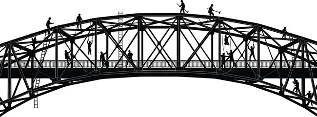 Fototapeta premium Bridge construction workers silhouette showing engineers and laborers building steel arch bridge structure, industrial teamwork concept representing 