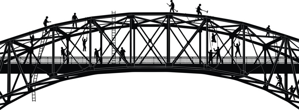 Bridge construction workers silhouette showing engineers and laborers building steel arch bridge structure, industrial teamwork concept representing 