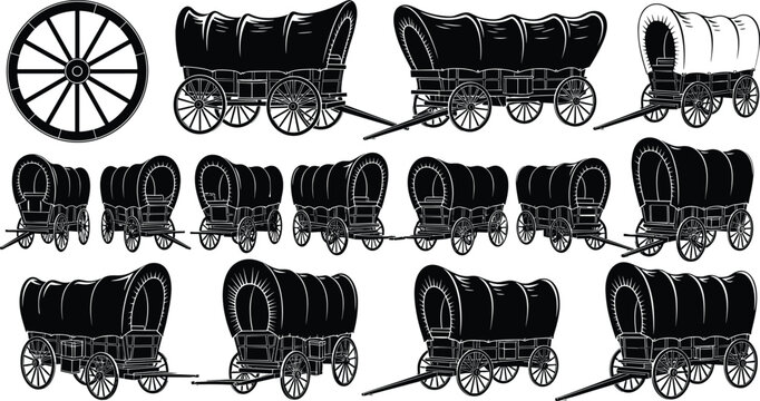 Covered wagon vintage collection with wooden wheels and pioneer transport design, western frontier caravan vehicle illustration showing traditional horse drawn wagons isolated