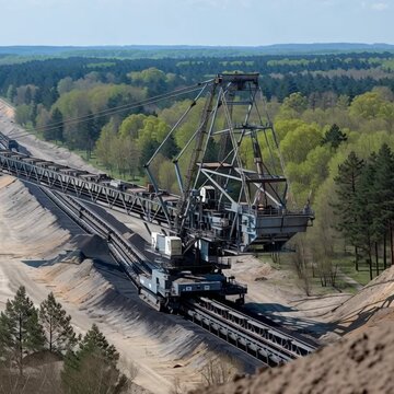 Gro&szlig;er Tagebau-Bagger im Braunkohle-Tagebau. Industrielle Landschaft als Symbol f&uuml;r Kohlef&ouml;rderung, Energiegewinnung und Energiewende-Debatte in Deutschland mit Copyspace.