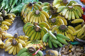 Various types of green and yellow bananas piled together in a large market display area © anwar