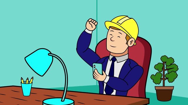 Engineer working at office desk animation, construction planning and professional engineering concept