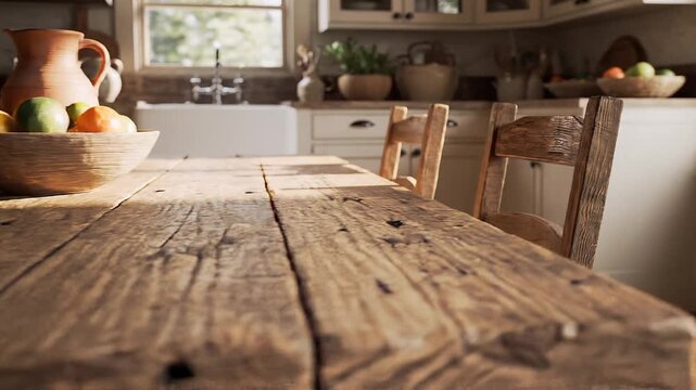 Vintage wooden kitchen interior with table and chairs by the window, decorated with fruits and vegetables in a cozy old-style home dining room