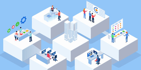 Obraz premium Isometric illustration depicting interconnected teams working on data and technology