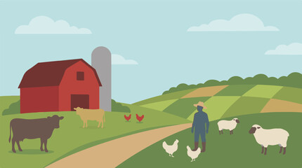 Farm life illustration with barn, farmer, various livestock, and cultivated fields © CURVARA
