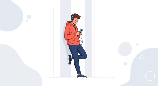 Young man with headphones listening to music on phone, leaning against wall, modern illustration