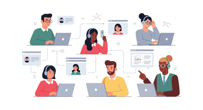 Global Remote Team Collaboration. Diverse Professionals Working Online, Engaged in Virtual Meetings, Customer Support, and Digital Communication.