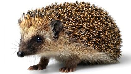 Obraz premium A close-up of a cute hedgehog with detailed spines. It has dark, beady eyes and a small, wet nose. The hedgehog’s fur is a mix of brown and beige, set against a clean white background. Focus is sharp,