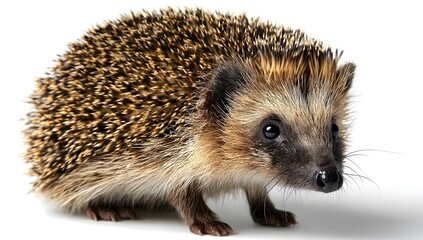 Fototapeta premium A close-up of a cute hedgehog with detailed spines. It has dark, beady eyes and a small, wet nose. The hedgehog’s fur is a mix of brown and beige, set against a clean white background. Focus is sharp,
