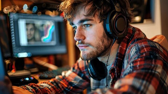 selective focus on freelancer using podcast to enhance conversation ability