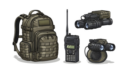 Naklejka premium Collection of Military backpack and communication devices.